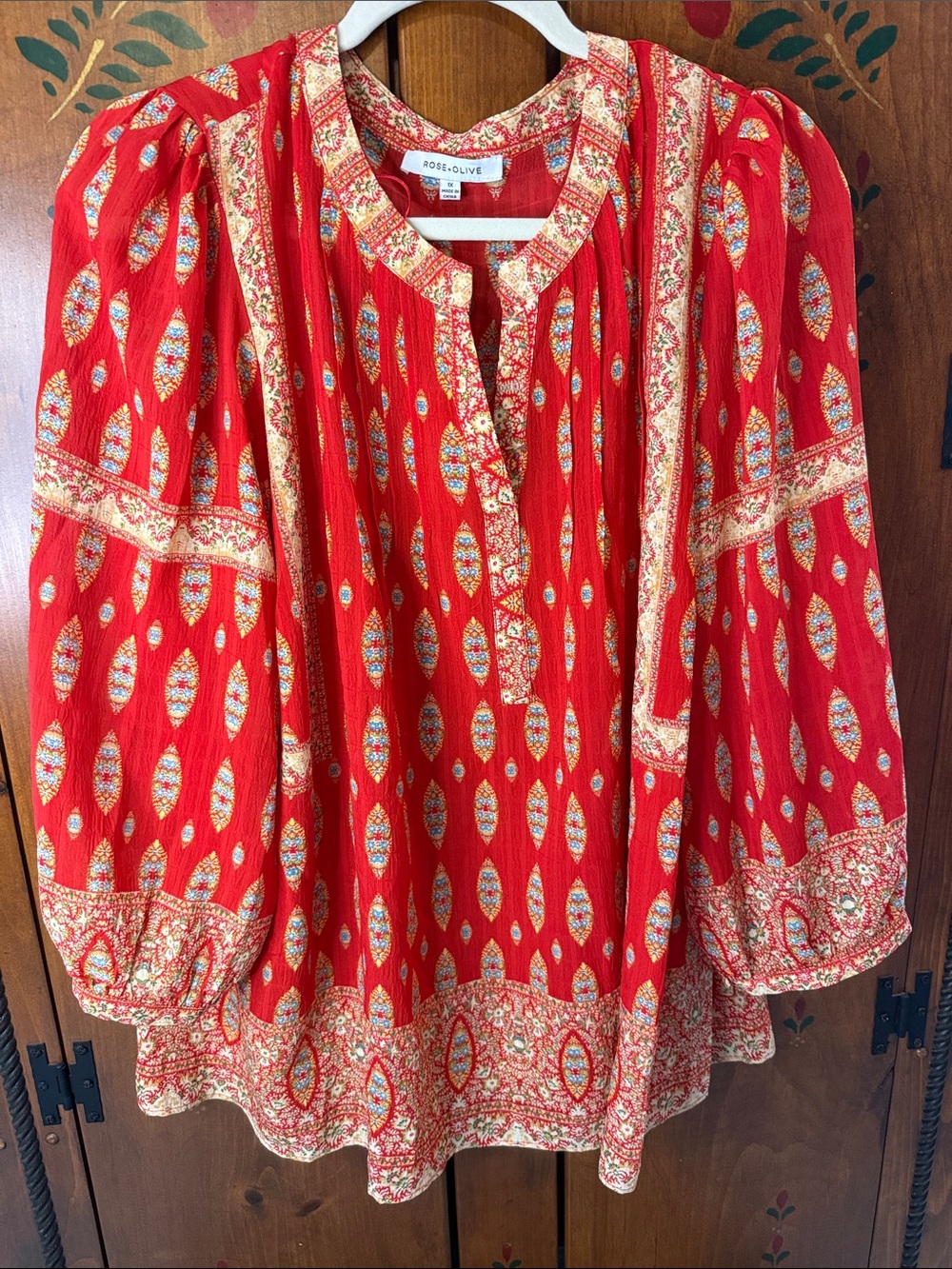 Rose & Olive Red Printed Boho Tunic with Gold Border nwt 1x boho sku31